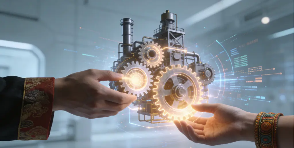 Chief Process Engineer - Leading Chinese Firms Hiring in India 2026 4 Symbolic handshake between Indian and Chinese collaborators building the future of manufacturing together, representing synergy and innovation.
